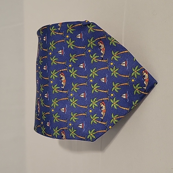Salvatore Ferragamo 100% silk blue tropical palm tree vacation print neck tie - Picture 2 of 6